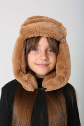 Remsa - Children's Snapped Fur-Eared Plush Beanie Hat RKŞ-Ç-03 Camel