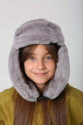 Remsa - Children's Snapped Fur-Eared Plush Beanie Hat RKŞ-Ç-03 Gray