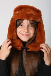 Remsa - Children's Snapped Fur-Eared Plush Beanie Hat RKŞ-Ç-03 Terracotta