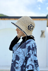 Remsa Mayo - Flower Detailed Hand Knitted Straw Hat RŞ-84 Navy Blue