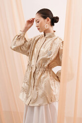 Lale Butik - Gathered Waist Jacquard Jacket 6007 Beige