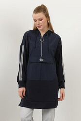 Remsa - Hooded Zipper Detail Parachute Pocket Modal Sweat Tunic 10610 Navy Blue