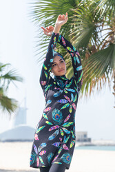 Remsa Mayo - Lycra Fully Covered Hijab Swimsuit Patterned Green Peacock