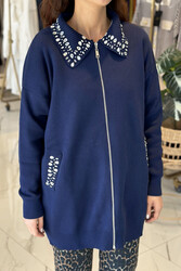 Missemramiss - Missemramiss Stone-Embellished Knit Cardigan Jacket 4588 Navy Blue