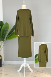 Remsa - Nuss Mercerized Pencil Skirt Suit Button Detail 1302 Khaki