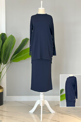 Remsa - Nuss Mercerized Pencil Skirt Suit Button Detail 1302 Navy Blue