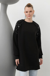 Remsa - Raglan Sleeve Tulle Stone Embroidered Modal Sweat Tunic 10616 Black