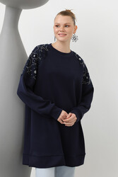 Remsa - Raglan Sleeve Tulle Stone Embroidered Modal Sweat Tunic 10616 Navy Blue