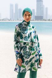 Remsa Mayo - Remsa Front-Covered Full-Coverage Modest Swimsuit R111 Green Leaf Design