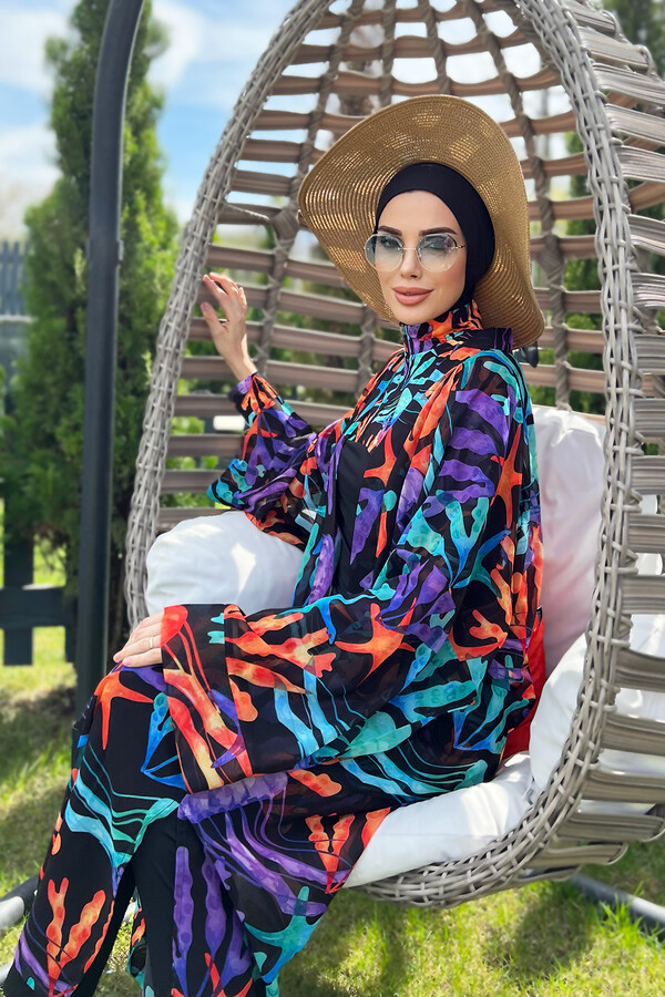 Remsa Swimsuit Hijab Swimwear Over Patterned Single Caftan Pareo Blue Leaves