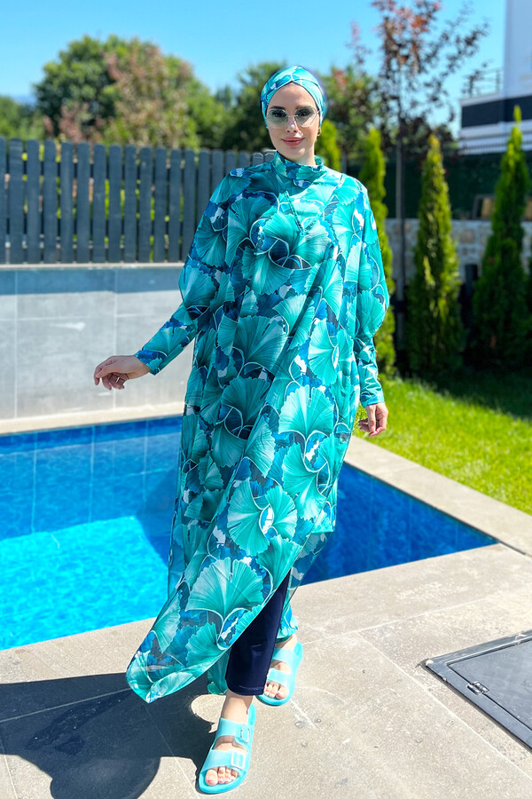 Remsa Swimsuit Hijab Swimwear Over Patterned Single Caftan Pareo Blue Leaves