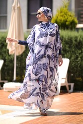 Remsa Mayo - Remsa Swimsuit Patterned Single Kaftan Pareo on Hijab Swimsuit Blue Leaves