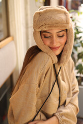 Remsa - Remsa Women's Fur Plush Hat with Headphones RKŞ-04 Camel