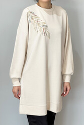 Remsa - Sequin Leaf Embroidered Modal Sweat Tunic 10629 Beige