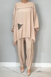 Remsa - Stone Detailed Tunic and Pants Set 8069 Beige