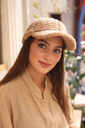 Remsa - Women's Curly Plush Cap Hat RKŞ-07 Camel