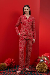 Remsa - Women’s Heart Patterned Brushed Jersey Pajama Set 1600 Red