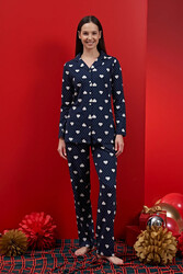 Remsa - Women's Heart Patterned Fleece-Lined Jersey Pajama Set 1607 Navy Blue