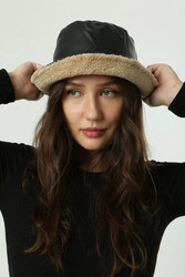 Remsa - Women’s Reversible Leather and Plush Bucket Hat Black Dark Beige